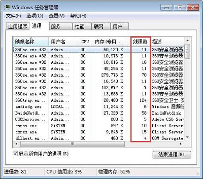 Win7系统当中系统进程的线程数查看的方法步骤(ps查看进程和线程？)